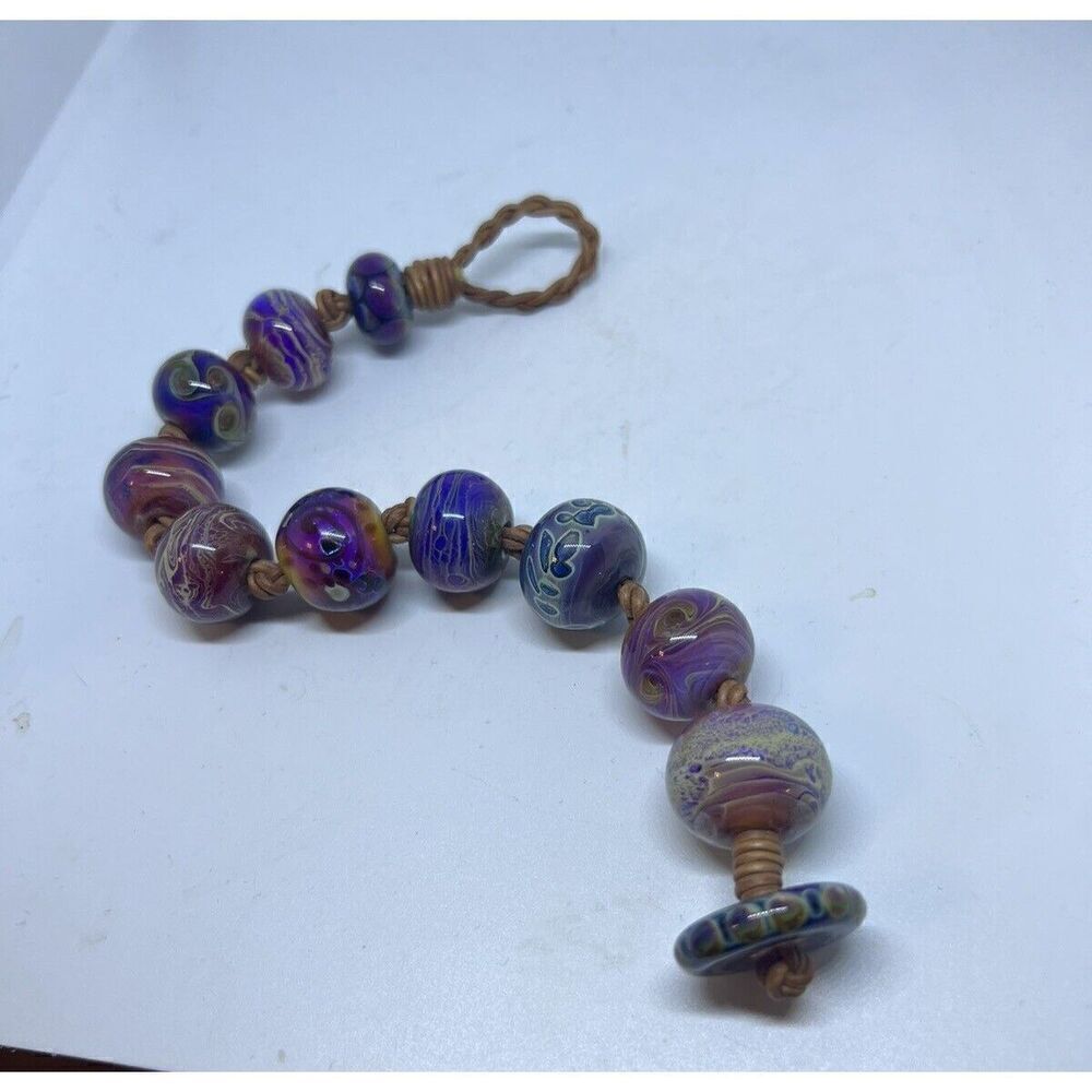 Santa Cruz Artist Made Lamp Worked Glass Bead Bracelet 9 3/4" OOAK Blue Purple - Picture 13 of 13